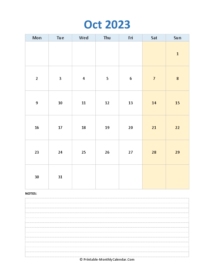 october 2023 editable calendar with notes (vertical layout)