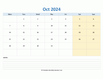 october 2024 editable calendar notes horizontal