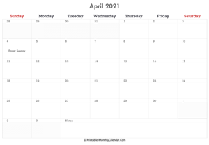 printable april calendar 2021 with holidays and notes (horizontal layout)