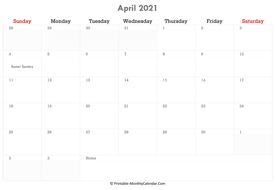 printable april calendar 2021 with holidays and notes horizontal layout