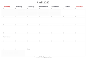 printable april calendar 2022 with holidays and notes (horizontal layout)