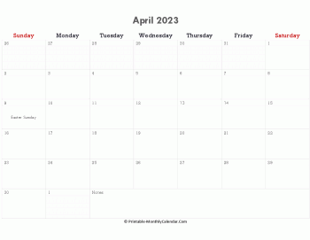 printable april calendar 2023 with holidays and notes (horizontal layout)