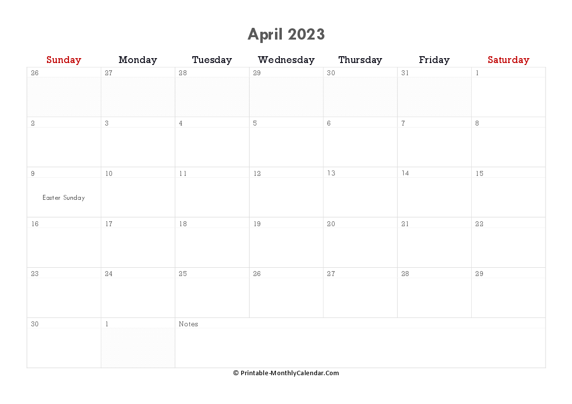 printable april calendar 2023 with holidays and notes horizontal layout