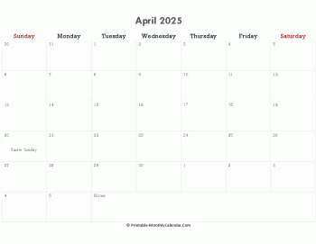 printable april calendar 2025 holidays notes horizontal