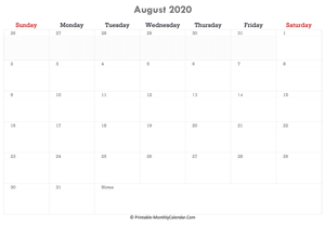 printable august calendar 2020 with holidays and notes (horizontal layout)