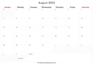 printable august calendar 2022 with holidays and notes (horizontal layout)