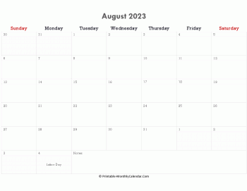printable august calendar 2023 holidays notes horizontal