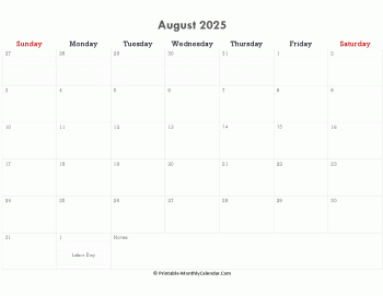 printable august calendar 2025 holidays notes horizontal