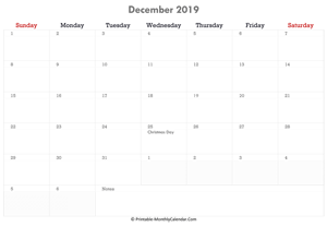 printable december calendar 2019 with holidays and notes (horizontal layout)