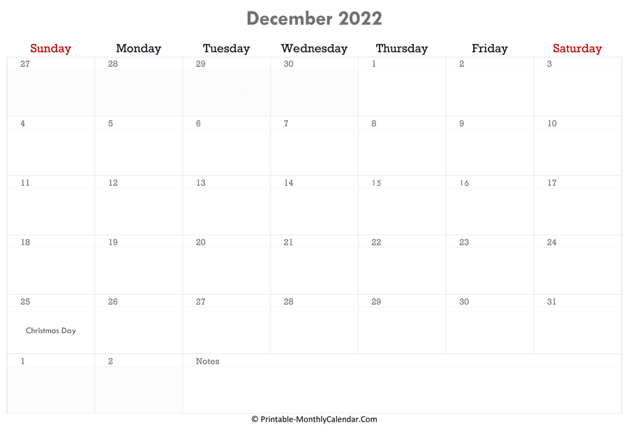 printable december calendar 2022 with holidays and notes horizontal layout