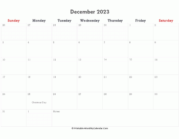 printable december calendar 2023 holidays notes horizontal