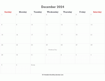 printable december calendar 2024 holidays notes horizontal