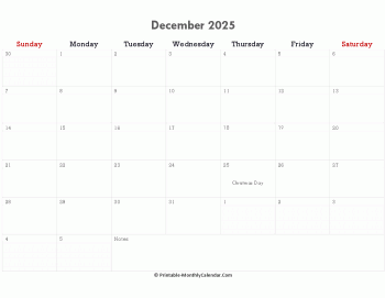 printable december calendar 2025 holidays notes horizontal