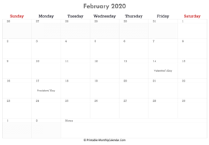 printable february calendar 2020 with holidays and notes (horizontal layout)