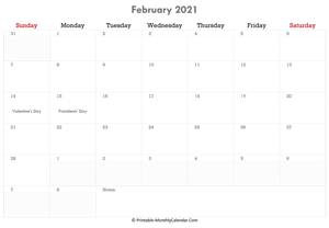 printable february calendar 2021 with holidays and notes (horizontal layout)