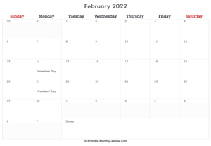 printable february calendar 2022 with holidays and notes (horizontal layout)