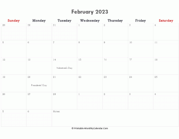 printable february calendar 2023 with holidays and notes (horizontal layout)