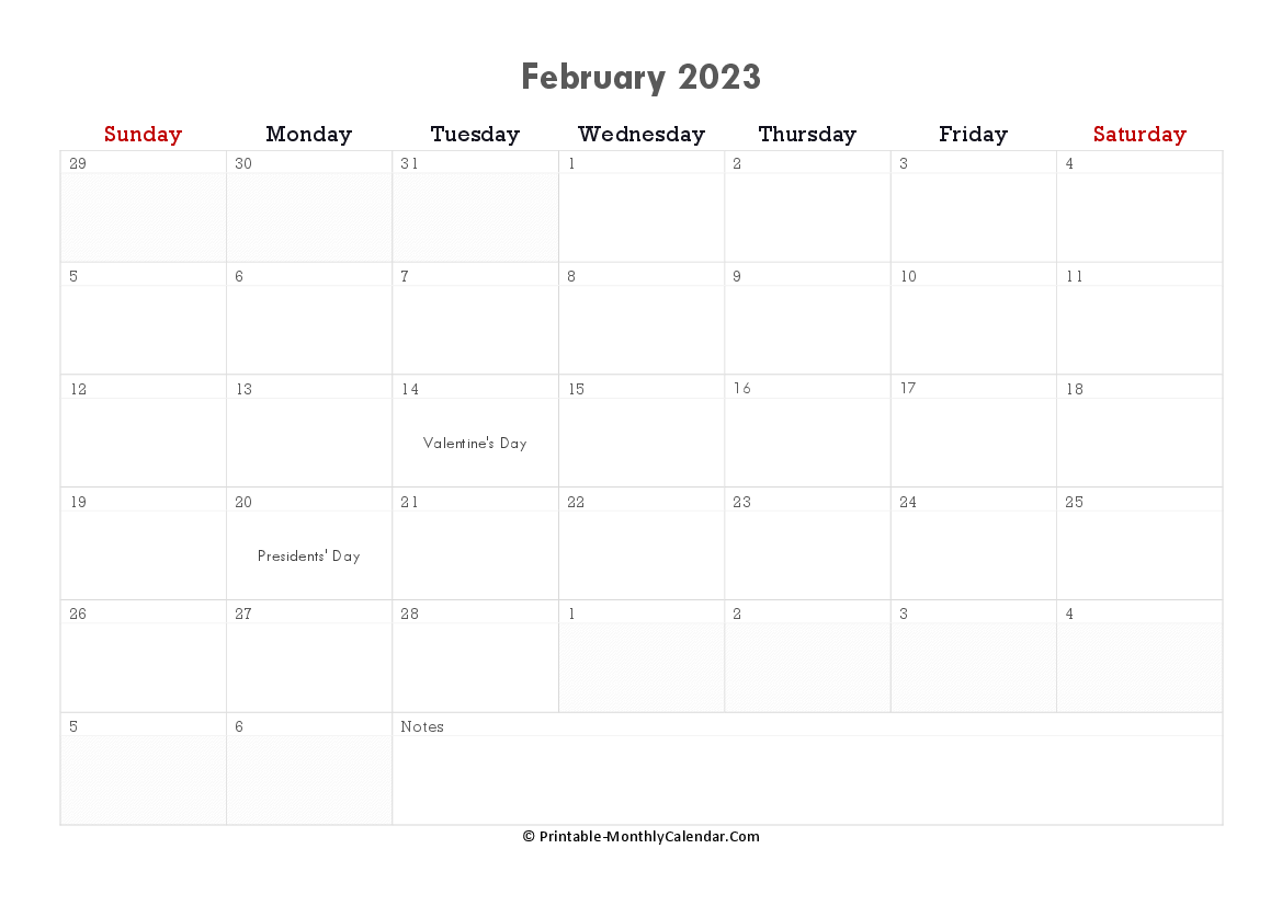 printable february calendar 2023 with holidays and notes horizontal layout