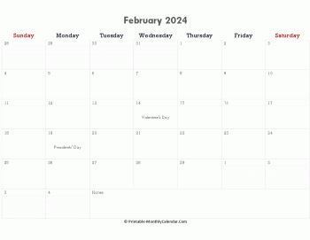 printable february calendar 2024 with holidays and notes (horizontal layout)