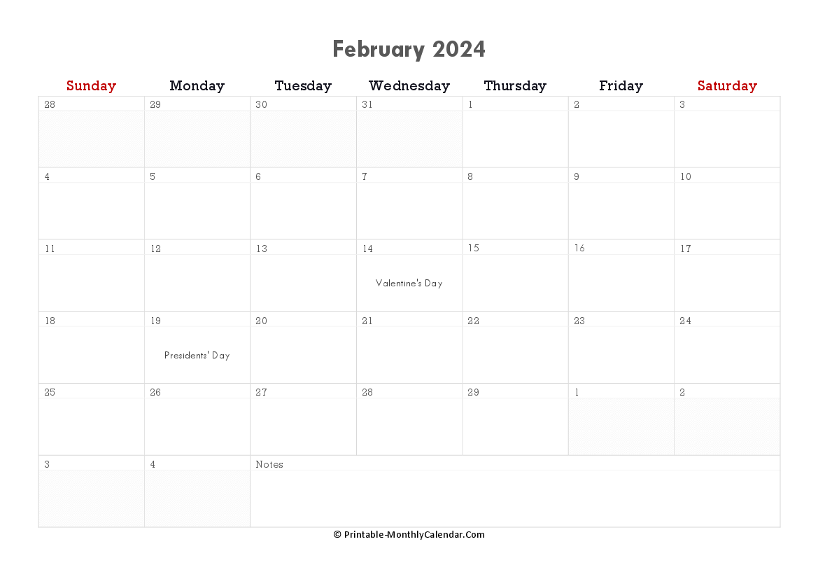 printable february calendar 2024 with holidays and notes horizontal layout