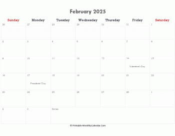 printable february calendar 2025 holidays notes horizontal