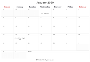 printable january calendar 2020 with holidays and notes (horizontal layout)