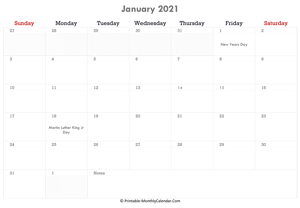 printable january calendar 2021 with holidays and notes (horizontal layout)