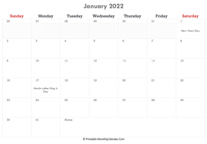 printable january calendar 2022 with holidays and notes (horizontal layout)