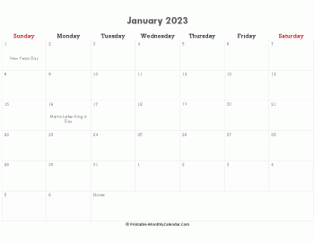 printable january calendar 2023 holidays notes horizontal
