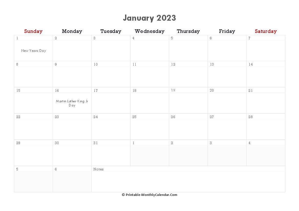 printable january calendar 2023 with holidays and notes horizontal layout
