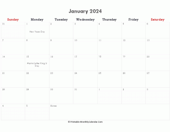 printable january calendar 2024 with holidays and notes (horizontal layout)