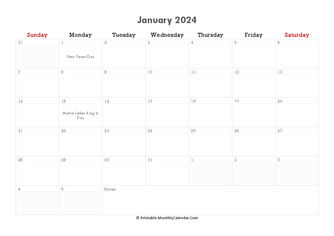 printable january calendar 2024 with holidays and notes horizontal layout
