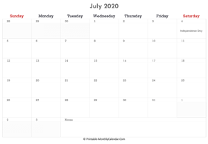 printable july calendar 2020 with holidays and notes (horizontal layout)