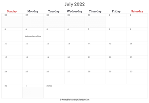 printable july calendar 2022 with holidays and notes (horizontal layout)