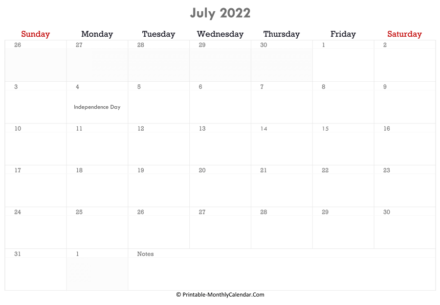 printable july calendar 2022 with holidays and notes horizontal layout