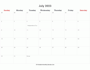 printable july calendar 2023 holidays notes horizontal