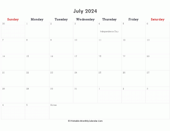 printable july calendar 2024 with holidays and notes (horizontal layout)