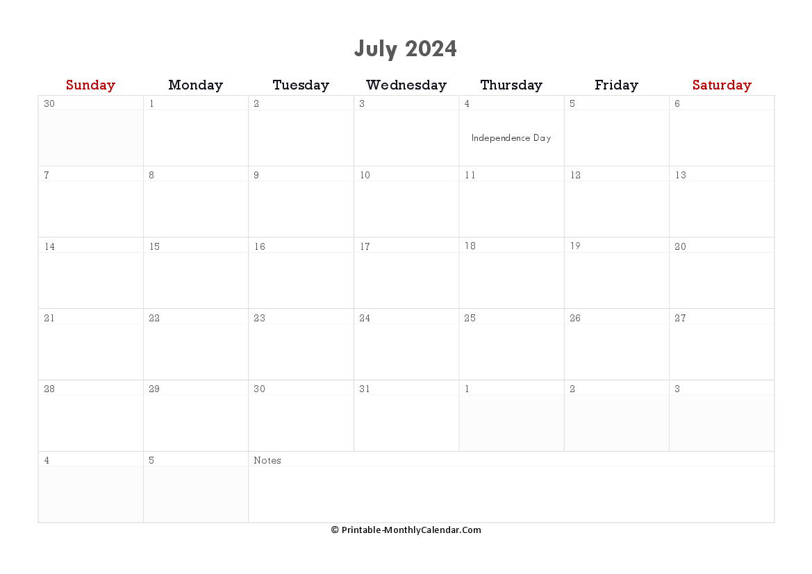 printable july calendar 2024 with holidays and notes horizontal layout