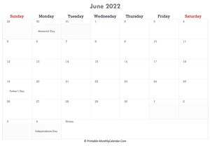 printable june calendar 2022 with holidays and notes (horizontal layout)