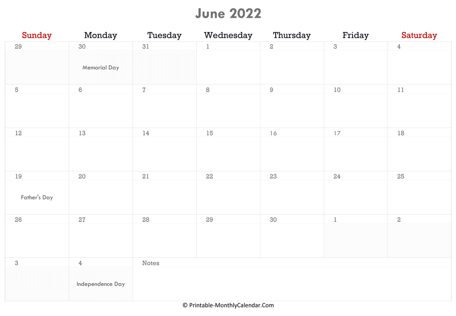 printable june calendar 2022 with holidays and notes horizontal layout