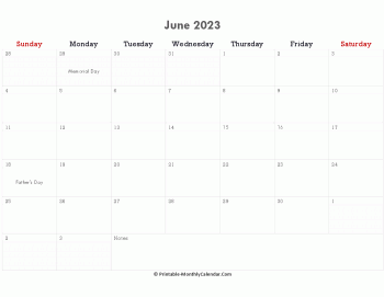 printable june calendar 2023 with holidays and notes (horizontal layout)