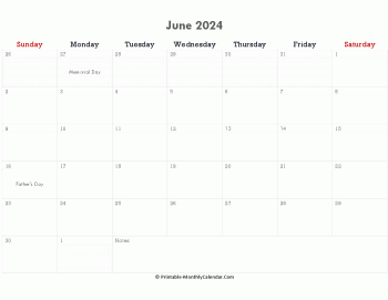 printable june calendar 2024 holidays notes horizontal