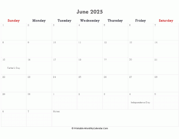 printable june calendar 2025 holidays notes horizontal
