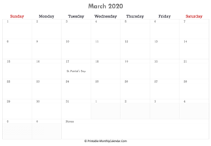 printable march calendar 2020 with holidays and notes (horizontal layout)