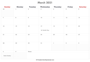 printable march calendar 2021 with holidays and notes (horizontal layout)