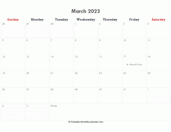 printable march calendar 2023 with holidays and notes (horizontal layout)