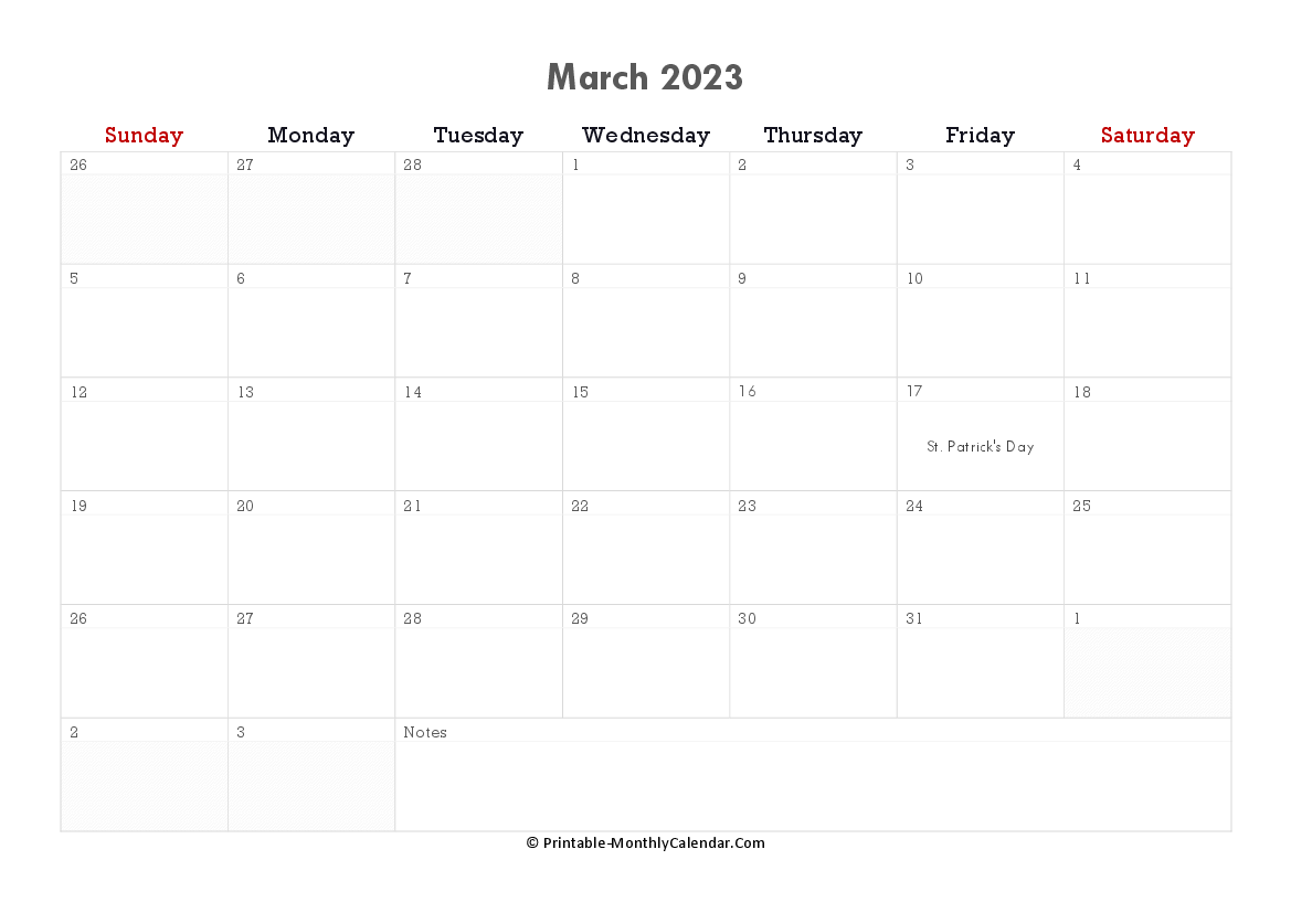 printable march calendar 2023 with holidays and notes horizontal layout