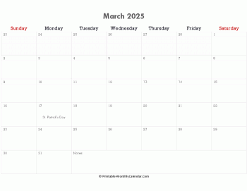 printable march calendar 2025 with holidays and notes (horizontal layout)