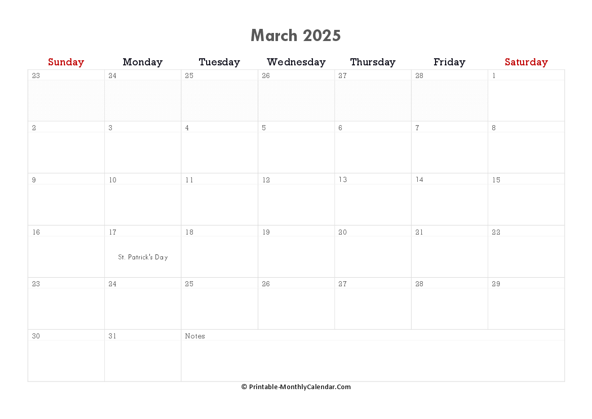 printable march calendar 2025 with holidays and notes horizontal layout