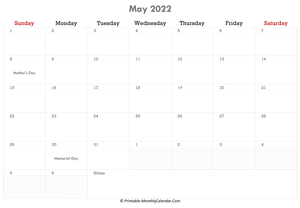 printable may calendar 2022 with holidays and notes (horizontal layout)